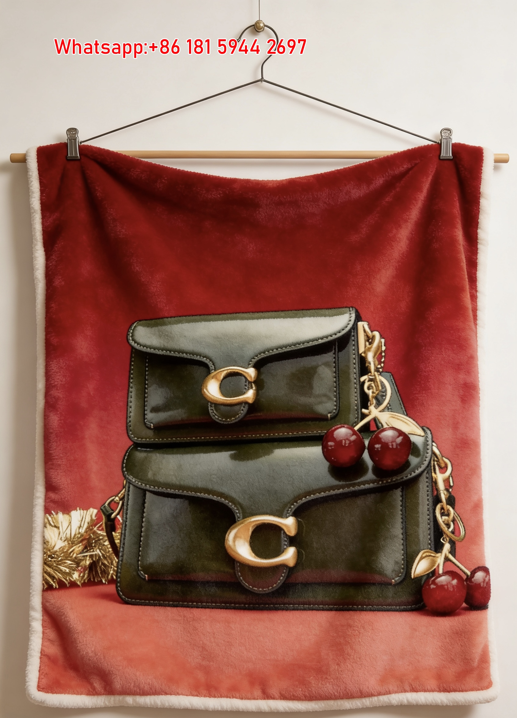 Coach Dark Green Patent Tabby Bag with Cherry Charm Print Flannel Sofa Throw Blanket C226